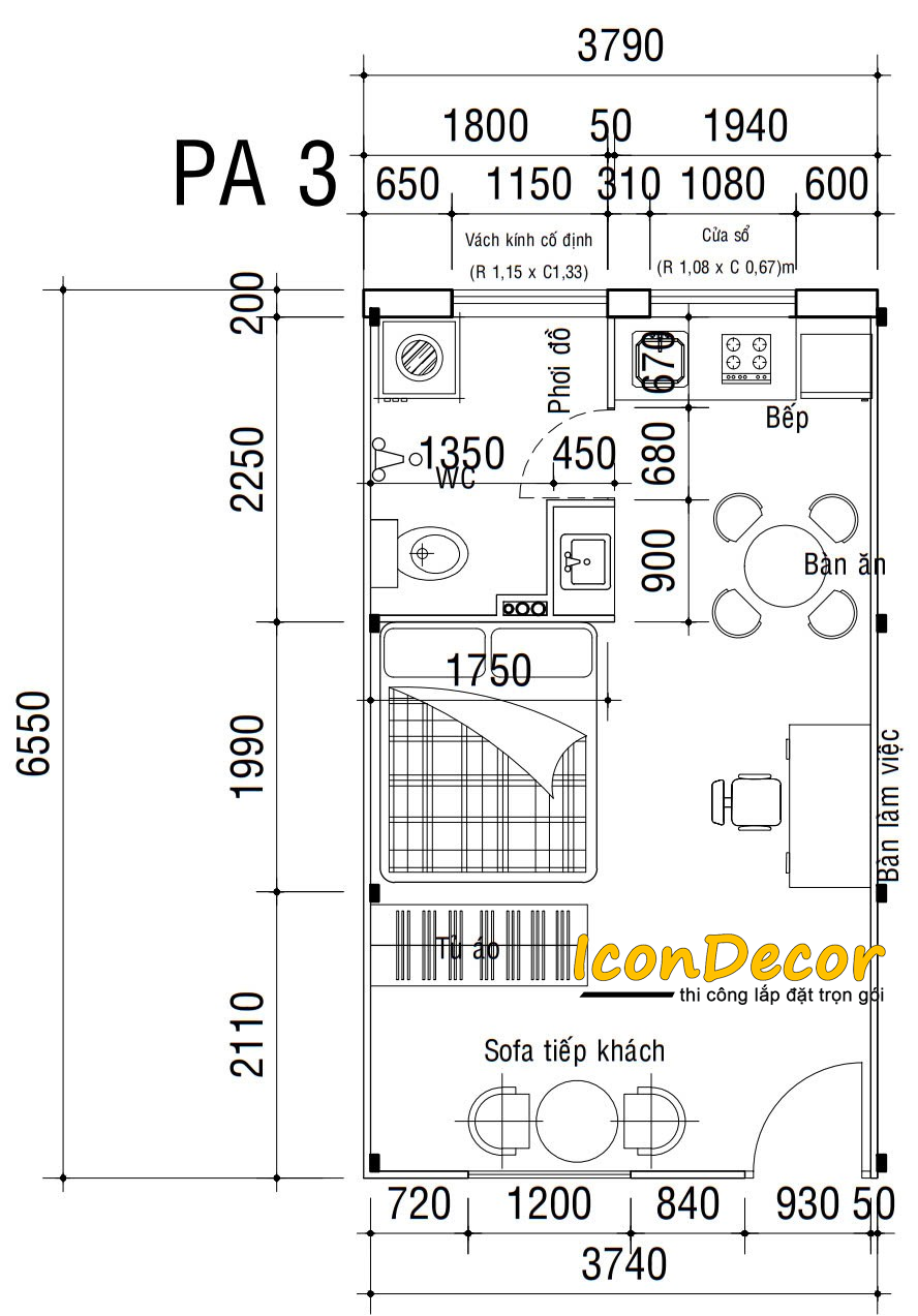 Thiết kế không gian, bố trí nội thất cho 1 phòng trọ điển hình sẽ bao gồm các hạng mục và nội thất sau:  Thiết kế không gian: Mỗi phòng sẽ bao gồm 1 nhà vệ sinh khép kín, 1 khu vực phơi đồ, bàn bếp và khu vực sinh hoạt, nghỉ ngơi, làm việc.  Bố trí nội thất: Mỗi phòng sẽ bao gồm:  1 Tủ quần áo 2 cánh 1 Giường đơn hoặc giường tầng 1 Bộ bàn ghế làm việc 1 Bộ bàn ghế ăn cơm 1 Bàn thái kết hợp với chậu rửa và tủ bếp Đầy đủ nội thất trong nhà vệ sinh (lavabo, gương, bồn cầu)